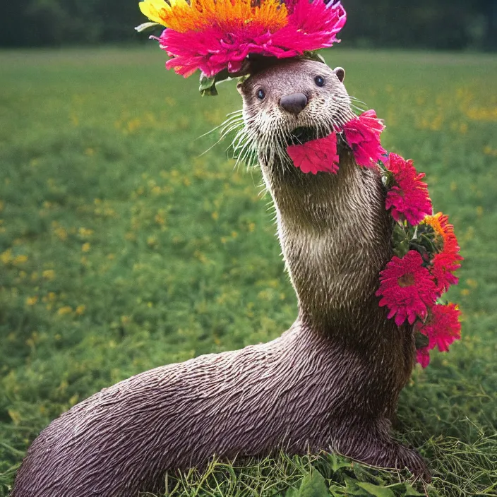 Image similar to closeup portrait of an otter wearing a hooded cloak and crown made of zinnias and rainbows, in an empty field, by Annie Leibovitz and Steve McCurry, natural light, detailed face, CANON Eos C300, ƒ1.8, 35mm, 8K, medium-format print