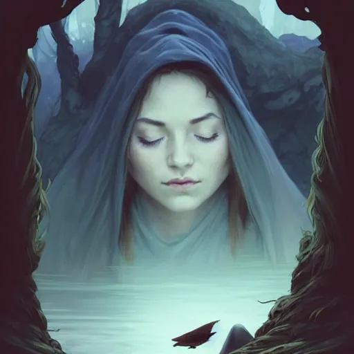 Prompt: wide angle, cloaked woman, sleeping on rock in river, white green brown blue color palette, eyes closed, forest, female, d & d, fantasy, intricate, elegant, highly detailed, long red hair, digital painting, artstation, octane render, concept art, matte, sharp focus, illustration, hearthstone, art by artgerm, alphonse mucha johannes voss