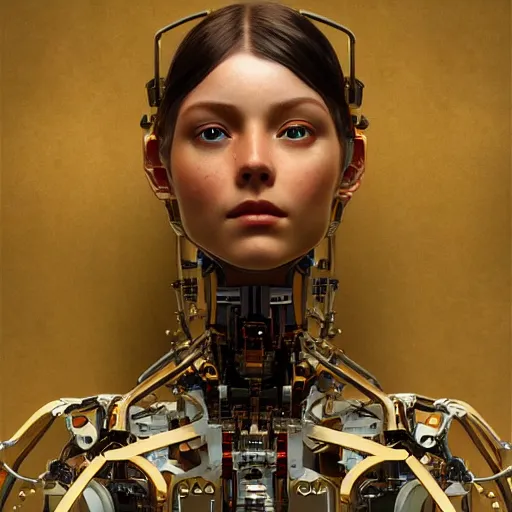 Image similar to oil paining of robotic humanoid, intricate mechanisms, highly detailed, professional digital painting, Unreal Engine 5, Photorealism, HD quality, 8k resolution, cinema 4d, 3D, cinematic, professional photography, art by artgerm and greg rutkowski and alphonse mucha and loish and WLOP