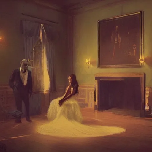 Image similar to Consummating the marriage, darkened room, vintage colors, elegant interior, by Greg Rutkowski and artgerm, high detail