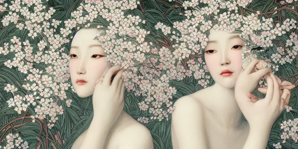 Image similar to breathtaking detailed concept art painting art deco pattern of faces goddesses of white flowers with anxious piercing eyes and blend of flowers and birds, by hsiao - ron cheng and john james audubon, bizarre compositions, exquisite detail, extremely moody lighting, 8 k