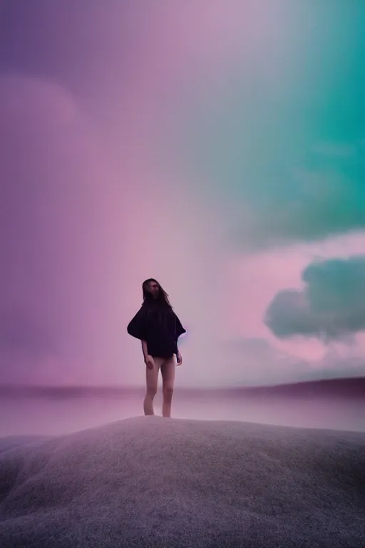 Image similar to high quality pastel coloured film close up wide angle photograph of a model wearing clothing resting on cloud furniture in a icelandic black rock!! environment in a partially haze filled dreamstate world. three point light, rainbow. photographic production. art directed. pastel colours. volumetric clouds. pastel gradient overlay. waves glitch artefacts. extreme facial clarity. 8 k. filmic.