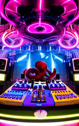 Image similar to award winning photo of an octopus! as a dj with tentacles! simultaneously placed turntables cdjs and knobs of a pioneer dj mixer. sharp, blue and fuschia colorful lighting, in front of a large crowd, studio, medium format, 8 k detail, volumetric lighting, wide angle, at an outdoor psytrance festival main stage at night