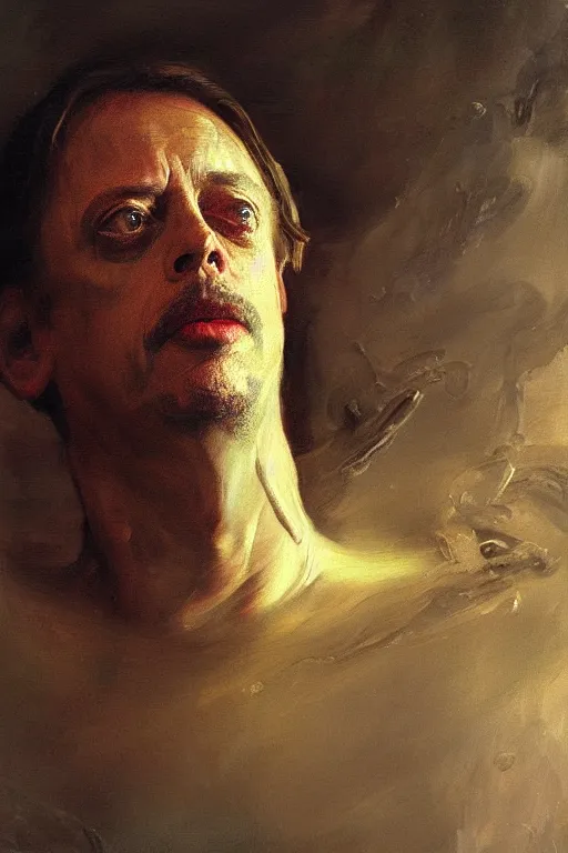 Image similar to beautiful detailed expressive impressionistic oil painting portrait of ancient roman god emperor steve buscemi levitating, ascending into the dark wearing the civic crown, renaissance painting, black background, art by anders zorn, wonderful masterpiece by greg rutkowski, expressive brush strokes, beautiful cinematic light, american romanticism by greg manchess, jessica rossier