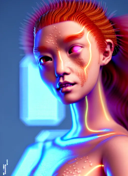 Image similar to an extremely detailed beautiful asian curly redhead female humanoid with freckles, by loish, d & d, fantasy, cyber neon lighting, futurism, intricate futuristic jewelry accessories, cyberpunk orange glossy latex swimsuit, profile posing, perfect anatomy, hyper photorealistic, digital photography, artstation, pinterest, concept art, art by pascal blanche and greg rutkowski,