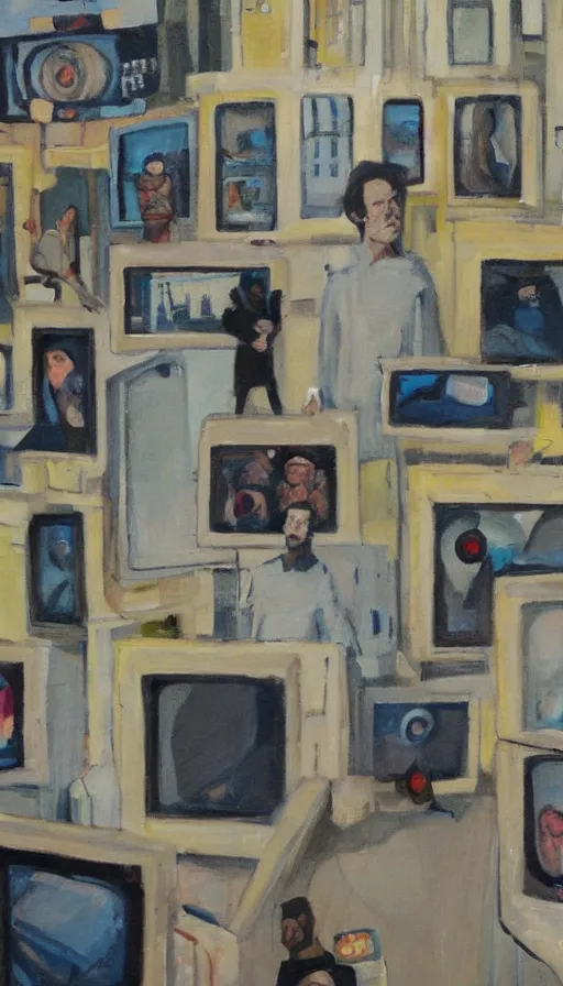Image similar to television screens glare out from every angle, detailed painting of a man standing in a city with his eyes open but everyone else has their eyes closed