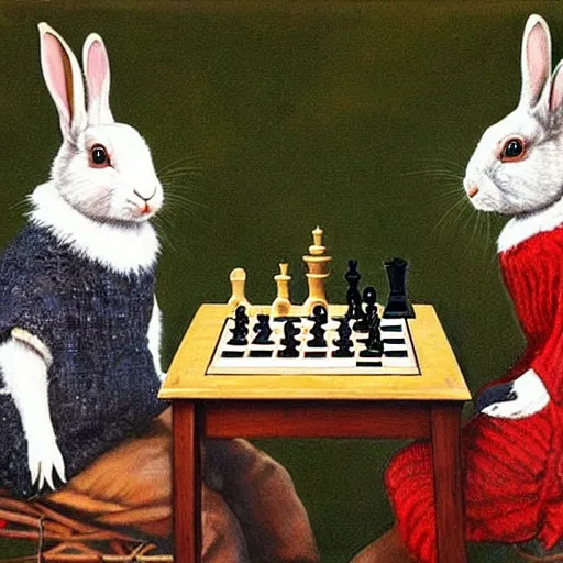 Image similar to rabbits drinking tea and playing chess. Painting of rabbits in sweaters by James Gurney (charming illustration of two cute rabbits).