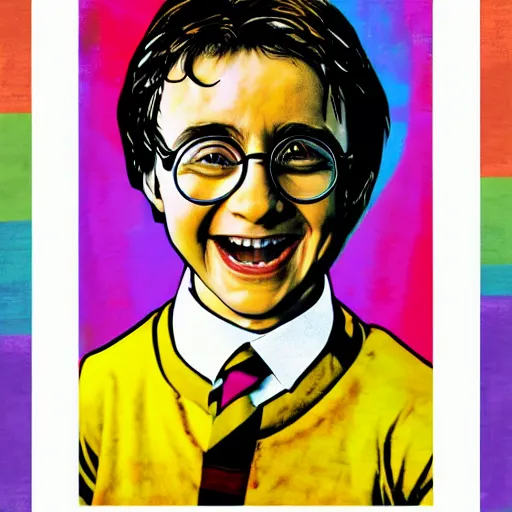 Prompt: rainbow excited smiling harry potter. pop art