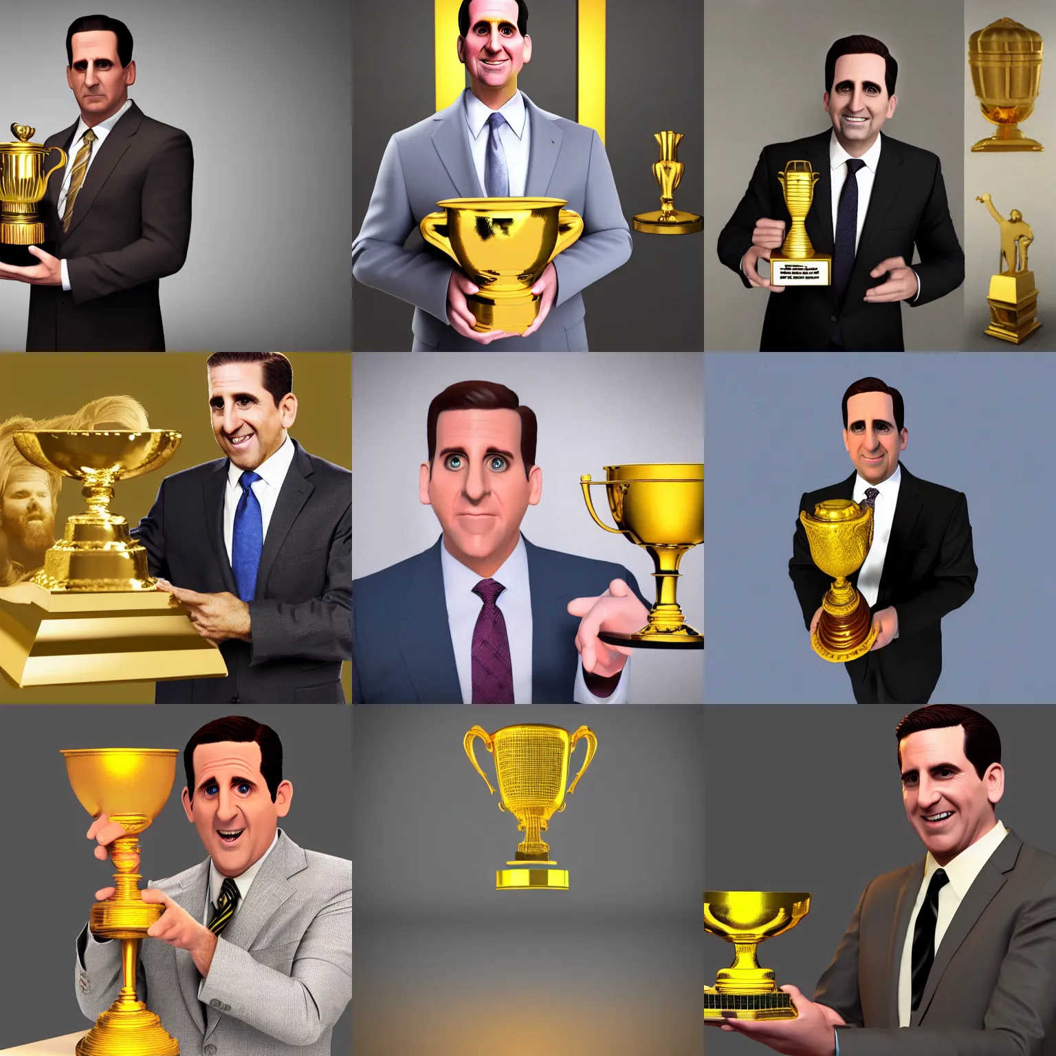 Prompt: 3 d render of michael scott holding a golden trophy