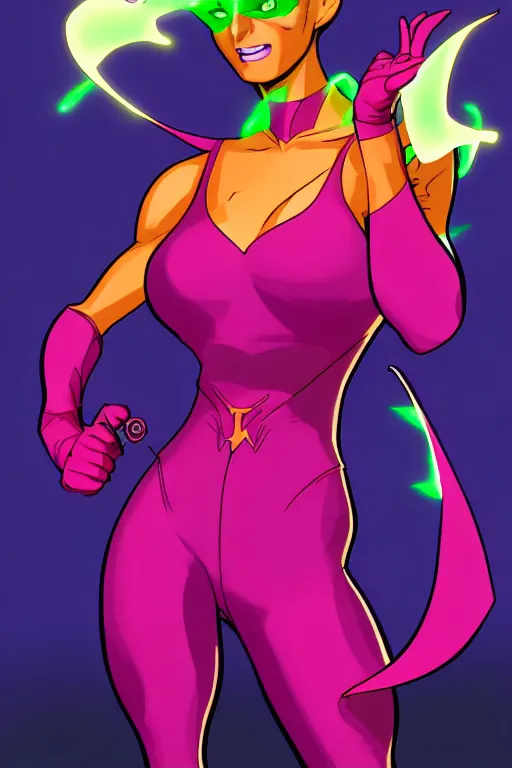 Image similar to toxic terri, a supervillainess with mutagenic powers, glowing energy effects, full color digital illustration in the style of don bluth, artgerm, artstation trending, 5 k