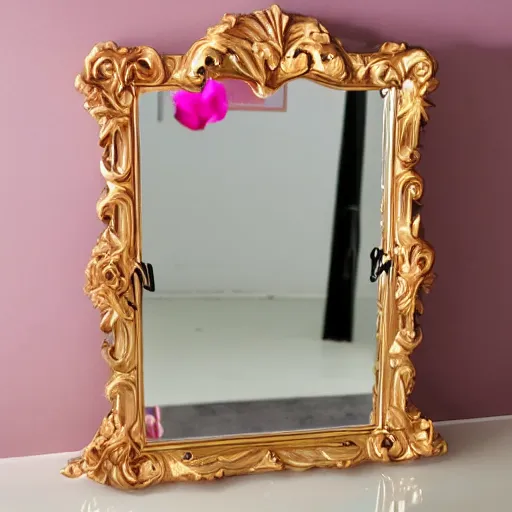 Prompt: modern minimalist golden baroque vanity mirror scattered with rose petals, softly lit, soft femme