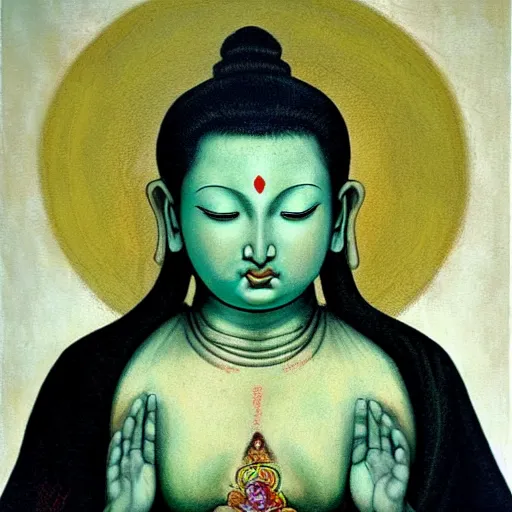 Prompt: contented female bodhisattva, praying meditating, portrait illustration by Saturno Buttò