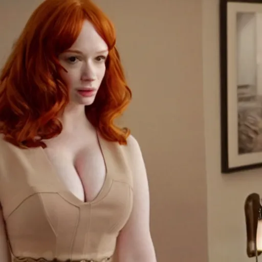 Image similar to a very surprised looking beautiful Christina Hendricks in a miniskirt in the living room, film still from the movie directed by Denis Villeneuve , wide lens