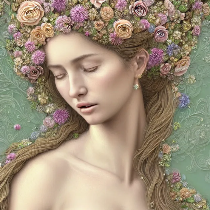 Image similar to photo portrait of a beautiful woman like a nymph - flowers - dressed in long elegant intricate ornamental ethereal floral dress, natural skin tone, highly detailed realistic flowers ornament in the upper side of breast, bust with a long beautiful neck , long blond hair are intricate with highly detailed realistic flowers, elegant, Realistic, Refined, Highly Detailed, natural soft pastel lighting colors scheme, fine art photography by Cecil Beaton, volumetric lighting, hyper realistic photography