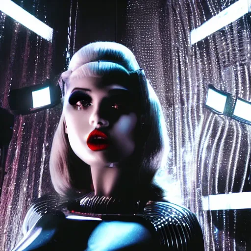 Prompt: beautiful romantic seductive robot android woman with bright lipstick sings on stage in a dimly lit futuristic nightclub, dark city, twilight zone