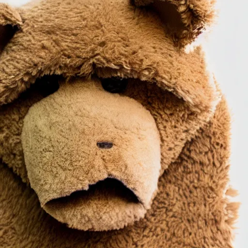 Image similar to the face of kanye west wearing a full teddy bear costume at 4 2 years old, portrait by julia cameron, chiaroscuro lighting, shallow depth of field, 8 0 mm, f 1. 8