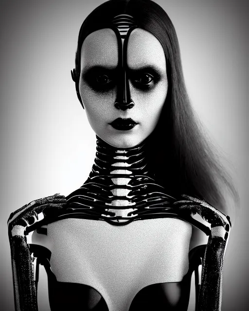 Prompt: surreal mythical dreamy dark artistic black and white fine art 3 / 4 fashion portrait photo of a young beautiful delicate female robot with orchid - owl face, rim light, cinematic, studio dramatic light, poetic, masterpiece, octane render, 8 k, photo - realistic by hg giger and man ray