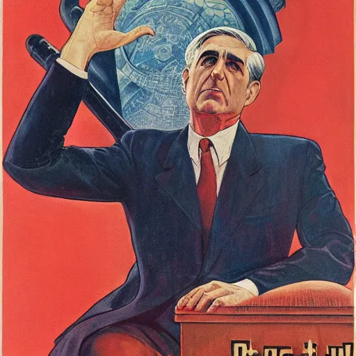 Prompt: soviet propaganda of robert mueller, by j. c. leyendecker, bosch, and beksinski