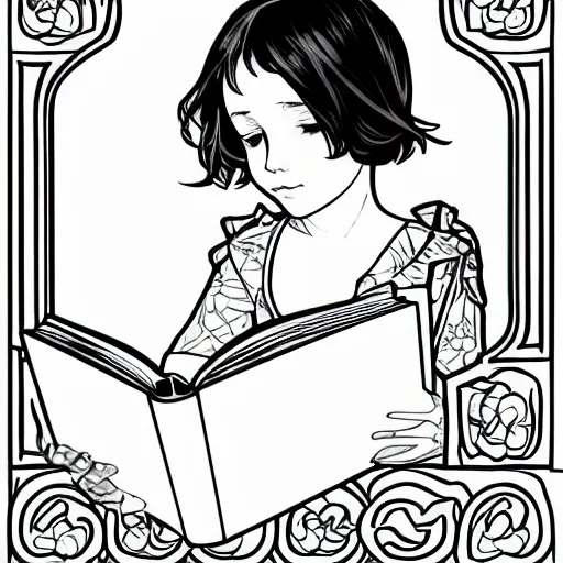 Image similar to clean simple line art of a little girl with short wavy curly light brown hair and blue eyes, reading a book. no background. well composed, clean, black and white, beautiful detailed face line art by ilya kuvshinov and alphonse mucha