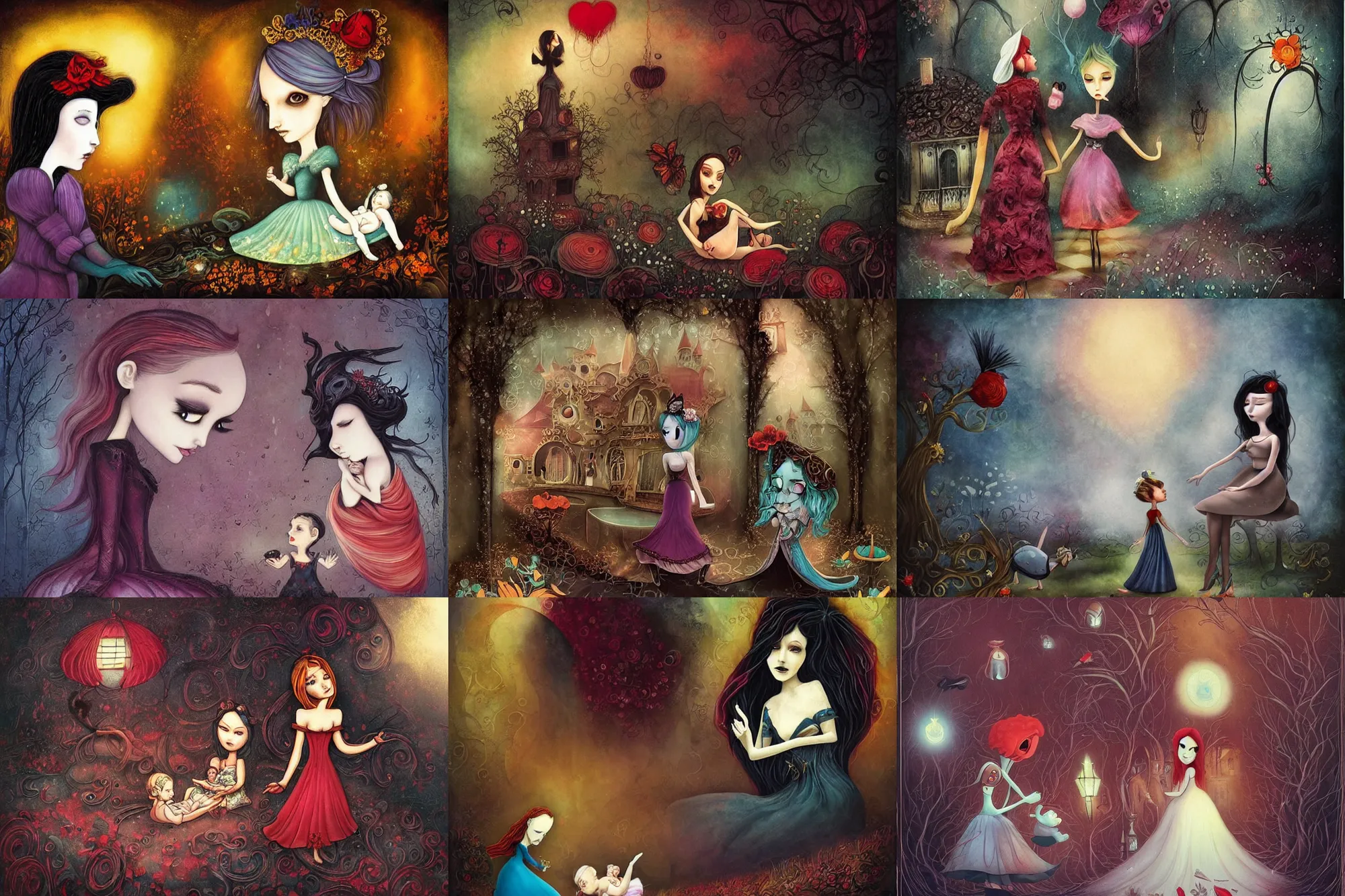 Prompt: Alice visits the Duchess and rescues a baby, dramatic, art style Megan Duncanson and Benjamin Lacombe, super details, dark dull colors, ornate background, mysterious, eerie, sinister
