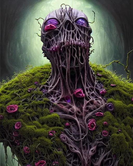 Image similar to the platonic ideal of flowers, rotting, moss, insects and praying of cletus kasady ultimate carnage thanos dementor chtulu nazgul davinci, detailed, intricate, hyperrealism, intense, scary, decay, dmt, art by brock hofer and artgerm and greg rutkowski and alphonse mucha