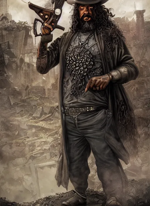 Image similar to portrait of a wizard holding a gun, the wizard has curly head and tattoos, the wizard holding a pistol points downwards, the wizard holding a pistol is only one and stands in a ruined city. by Ciryl Rolando, hyperrealistic illustration, digital art, studio lightning, very detailed faces