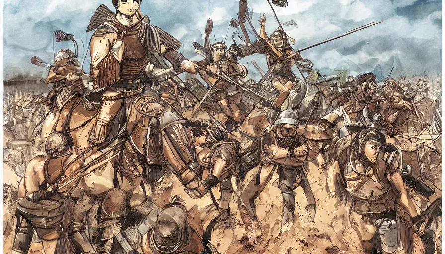 Prompt: a roman army by yasuhisa hara, manga with color artstyle, war landscape