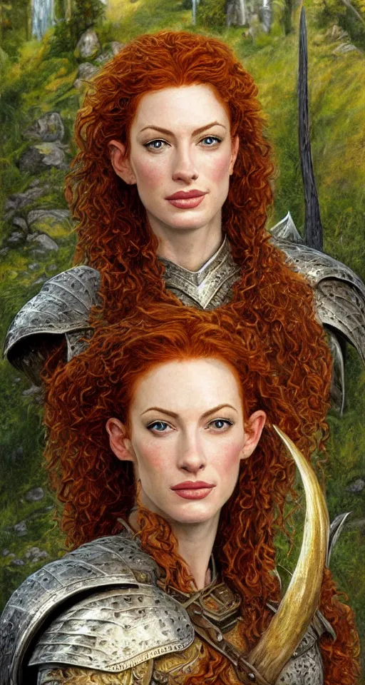 Image similar to Detailed painting of a curly redhead anne hathaway wearing elven armor portrait by Ted Nasmith