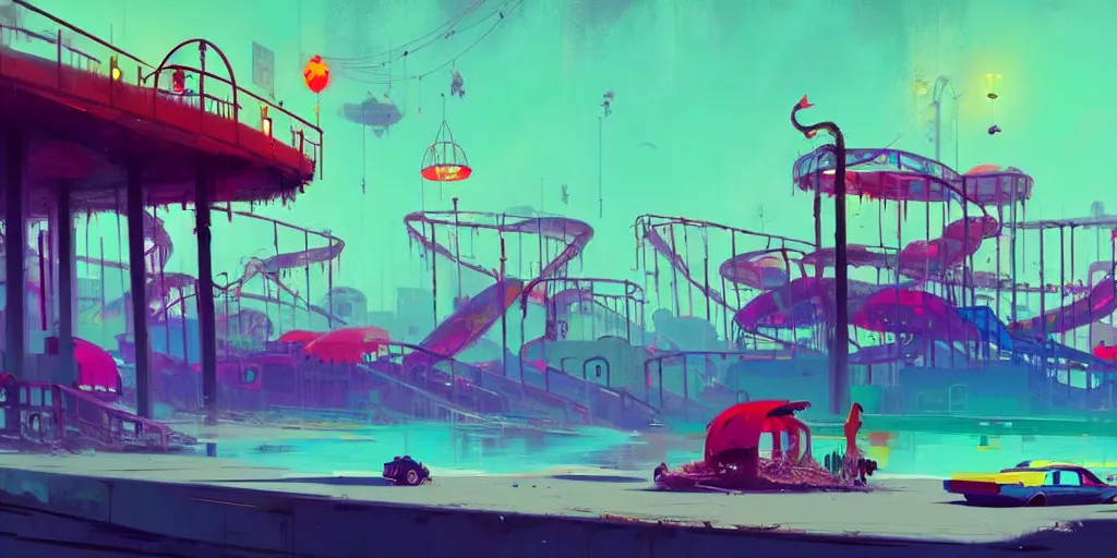 Image similar to concept art of a polluted beachfront with a broken pier and abandoned amusement park attractions, grimy, gritty, trending on artstation, award winning painting, cgi, art by anton fadeev and john howe and simon stalenhag