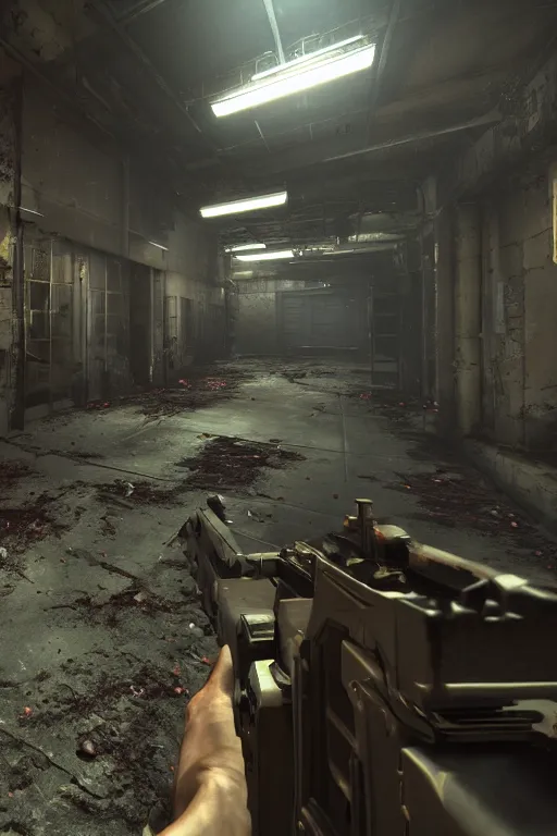 Image similar to screenshot from horror fps, biomechanical first person weapon, dilapidated factory level, unreal engine, had 8 k