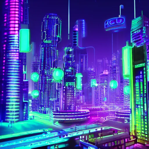 Image similar to cyberpunk city, aqua, green, and purple neon lighting