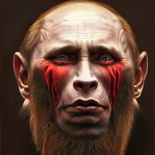 Image similar to vladimir putin, putin is bald prehistoric primate caveman, reptiloid reptile eyes, toothless, saw teeth, horror macabre face, clown nose, by donato giancola and greg rutkowski and wayne barlow and zdzisław beksinski, realistic face, digital art