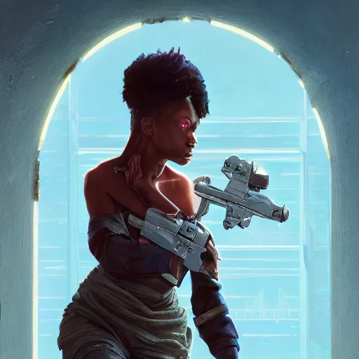 Image similar to highly detailed an african american woman in with the exosuitin from the future gta v, stephen bliss, unreal engine, fantasy art by greg rutkowski, loish, rhads, ferdinand knab, makoto shinkai and lois van baarle, ilya kuvshinov, rossdraws, tom bagshaw, global illumination, radiant light, detailed and intricate environment