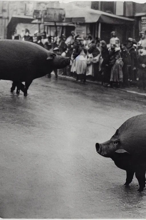 Image similar to a wet plate photo of huge dark pig in a parade