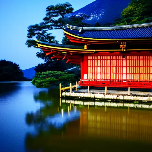 Prompt: A traditional japanese building relfecting inside a lake at night