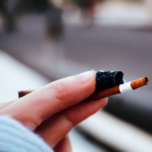 Image similar to Close-up of hand holding cigarette, real life, realistic photo, soft bokeh