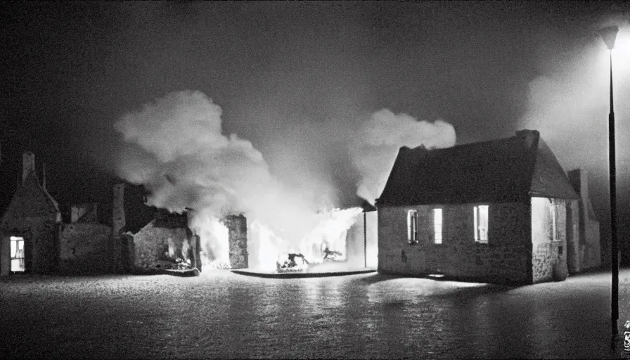 Image similar to 1 9 7 0 s movie still of a heavy burning french style stonehouse in a small french village by night rain, cinestill 8 0 0 t 3 5 mm, heavy grain, high quality, high detail, dramatic light, anamorphic, flares