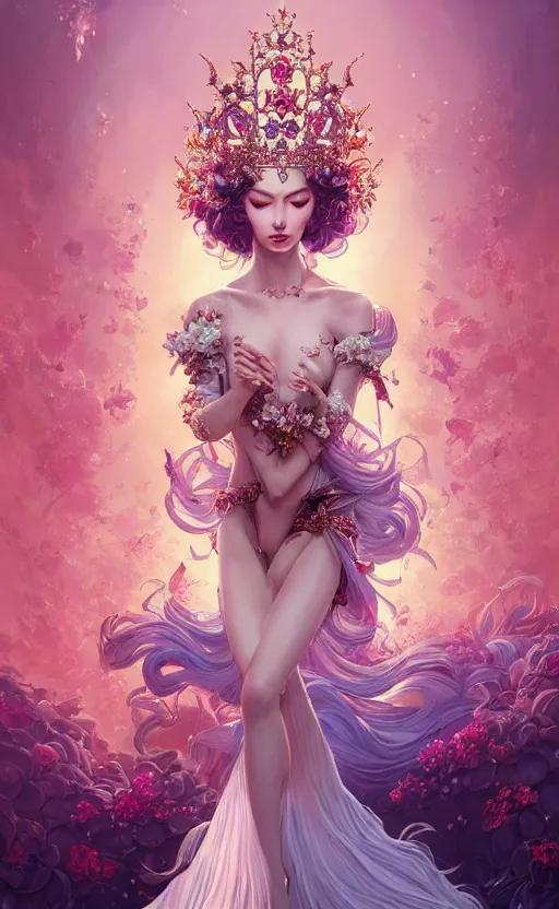 Prompt: A beautiful fantasy empress, highly detailed full body, breathtaking flower tiara, gorgeous aristocrat robe, beautiful figure, epic composition, ultra wide-shot, dynamic pose, concept art, beautifully lit, digital painting, smooth, character design, sharp focus, elegant, intricate, artstation, by WLOP and James Jean and Victo Ngai and Ryohei Hase