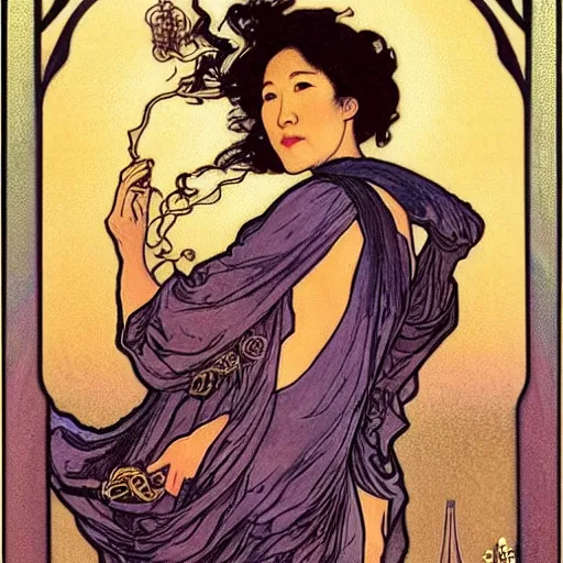 Prompt: sandra oh portrait by louis - theophile hingre and alphonse mucha, realistic, sharp focus, zodiac signs, tarot cards, planets, ethereal, art nouveau, magic, moon, sun, crown, dreamy, royal, jewellery