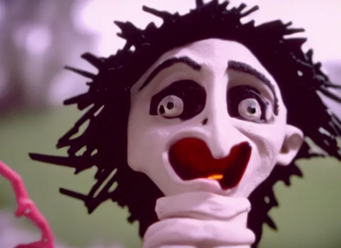 Image similar to cinematic screenshot cinestill portrait of a stop motion claymation film, edward scissorhands, in focus, shallow depth of field, 1 8 mm, f 1. 8, sharp details