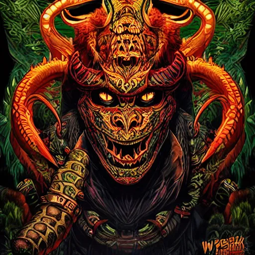 Image similar to barong family member, wiwek, mara demon, one single tribe member, jungle, one single mask, dark, ancient warrior, snake, dragon, tribal, inner glow, art by dan mumford and justin gerard