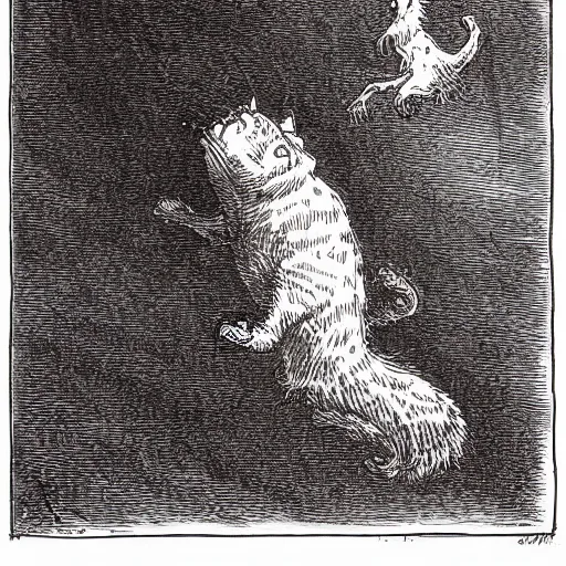 Prompt: a painting by Gustave Doré of Garfield the orange cat falling from heaven after his banishment, cinematic lighting, dramatic lighting, realistic, woodcut