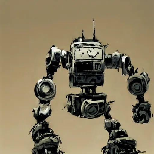 Prompt: a robot painted by ashley wood, forgotten in the forest