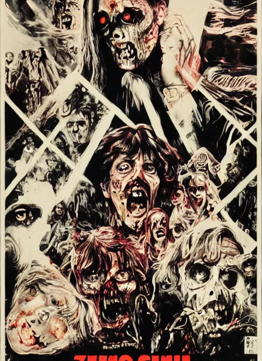 Image similar to a poster of lucio fulci's zombie ( 1 9 7 9 ), poster art by john carpenter, featured on deviantart, toyism, movie poster, concert poster, poster art, highly detailed