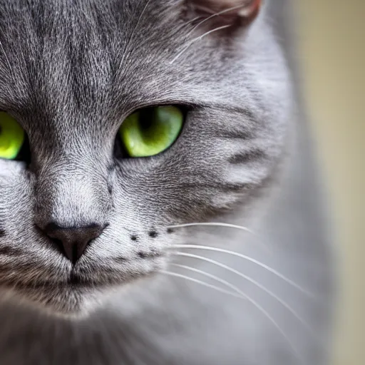 Image similar to portrait of an confused crazy gray cat using with clothes, (EOS 5DS R, ISO100, f/8, 1/125, 84mm, postprocessed, crisp face, facial features)