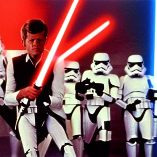 Image similar to a still frame from the movie star wars a new hope, starring jfk