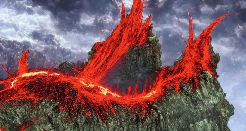 Image similar to a volcano made of ivory vines and crimson rocks enters in eruption, it spits a smoke in the shape of demonic eye, by Wit Studio