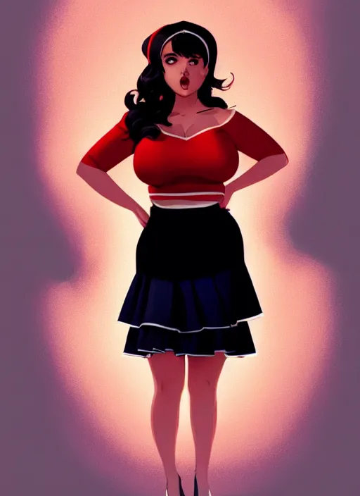 Image similar to full body portrait of teenage veronica lodge, obese, bangs, sultry, realistic, sultry smirk, wavy hair, red skirt, fat, belly, intricate, elegant, glowing lights, highly detailed, digital painting, artstation, concept art, smooth, sharp focus, illustration, art by wlop, mars ravelo and greg rutkowski