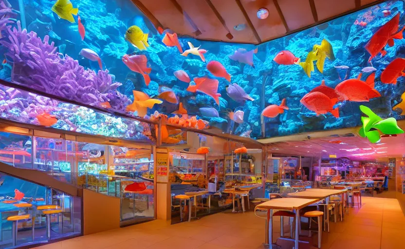 Image similar to inside a fastfood fish restaurant, fluorescent light, bright, atlantis theme, an aquarium at the wall, at the end is a giant door with stairs in front of it