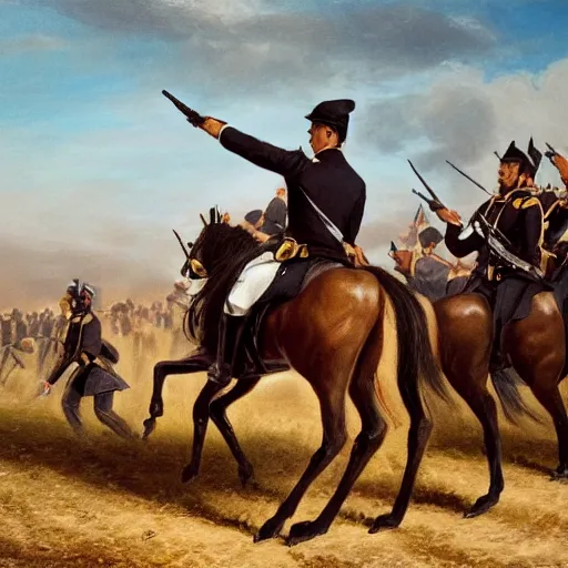 Image similar to cinematic shot of Kim Kardashian dressed as a military officer leading a charge in an open field, 1800s, oil on canvas, dramatic,